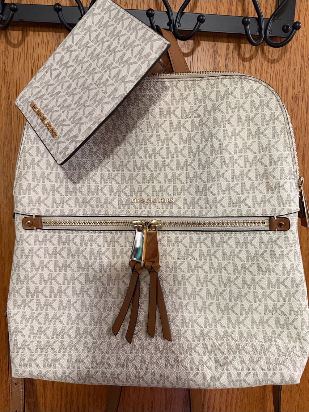 Michael Kors Cream Rhea Medium Backpack with Matching Passport Wallet